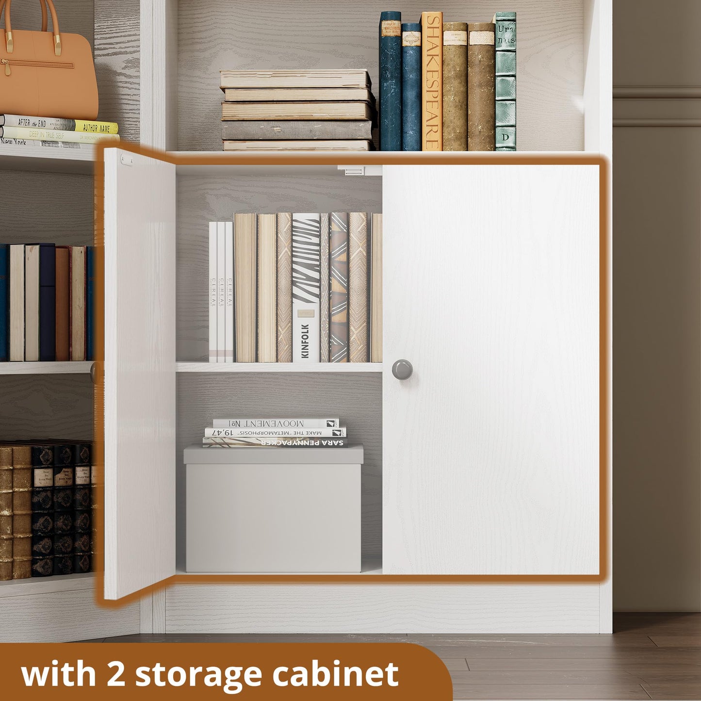 IRONCK Corner Bookshelf and Bookcase with 2 Storage Cabinets and 7 Tier Shelves, 71" Height Storage Shelves Corner Combination, White