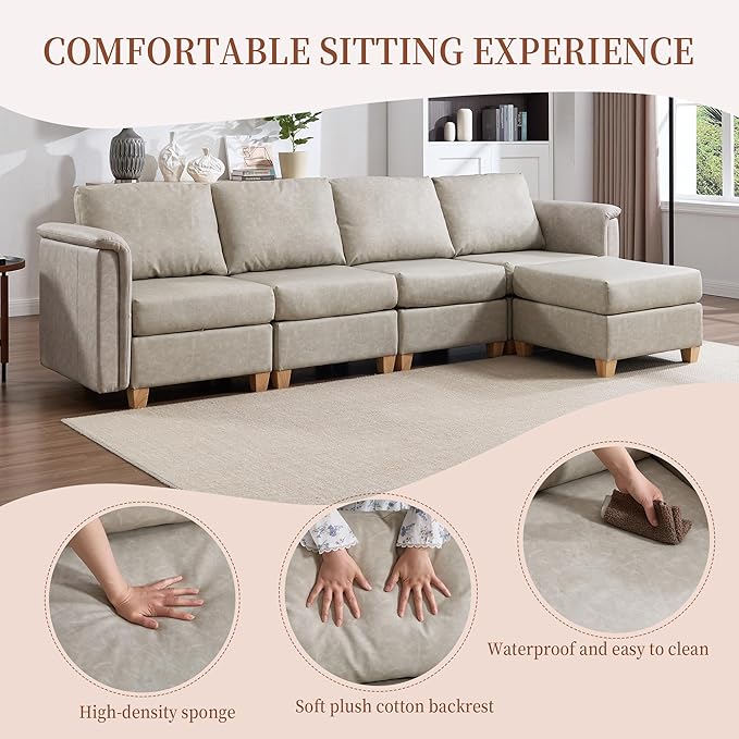 Modular Sectional Sofa,Modern L Shaped Sectional Couches for Living Room,5 Seat PU Leather Deep Seat Sectional Cloud Couch with Storage/Ottoman,Beige
