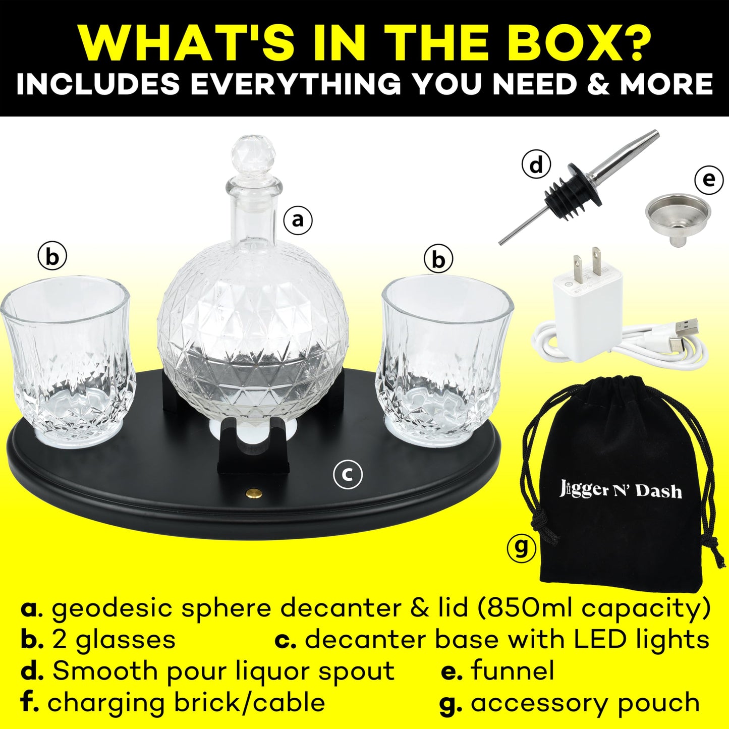 Jigger N' Dash LED Whiskey Decanter Set w Epcot Design. The Perfect Whiskey Dispenser for Home Bar - Decanter Set with Glasses and 7 RGB Light Stand - Whiskey Decanter Sets for Men - Alcohol Decanter