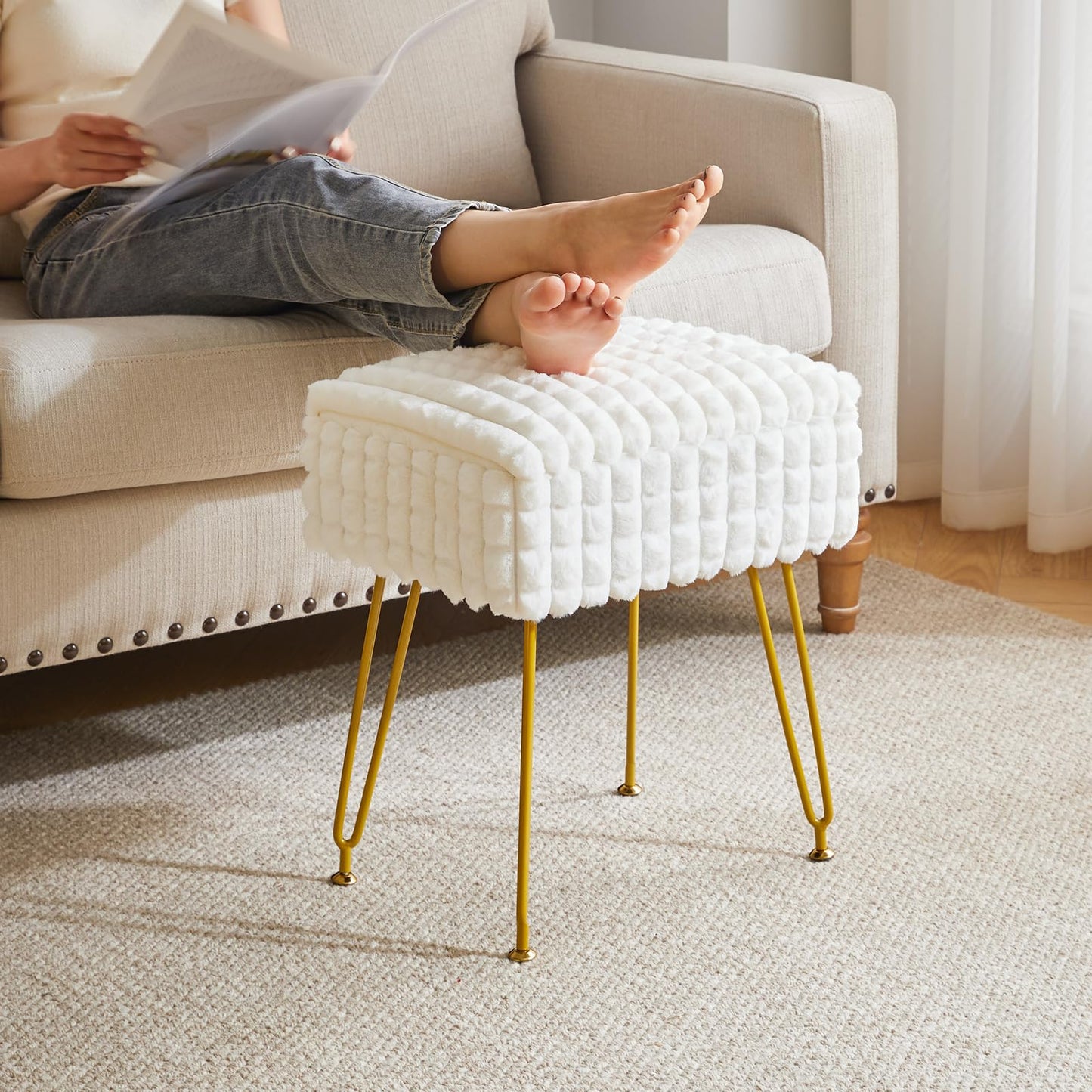 IBUYKE Rectangle Vanity Chair with Storage Space, Footrest Footstool Ottoman, Vanity Stool, Dressing Table Chair, with Anti-Slip Feet, for Makeup Room, Bedroom, Square Grid Pattern, White WBD004W