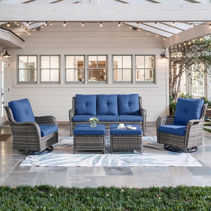 Belord 5 Piece Outdoor Patio Furniture Set - Wicker Furniture Patio Conversation Set, Outdoor Swivel Rocker Chairs with 3-Seater Sofa and 2 Ottomans for Small Space, Blue Cushion