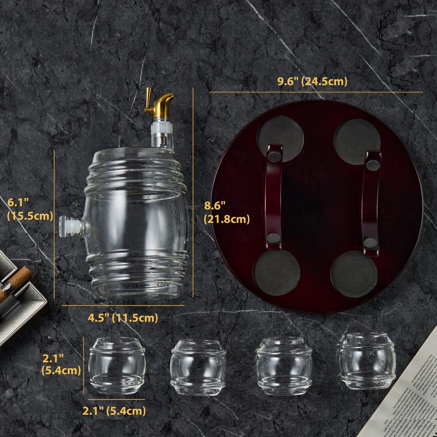CRAFTGEN Whiskey Barrel Decanter Set for Home Bar, Unique Birthday Gifts for Men Dad, 1.3 Liter Barrel Liquor Dispenser with 4 Glasses for Bourbon, Scotch, Vodka, Tequila, Rum, Wine, Alcohol