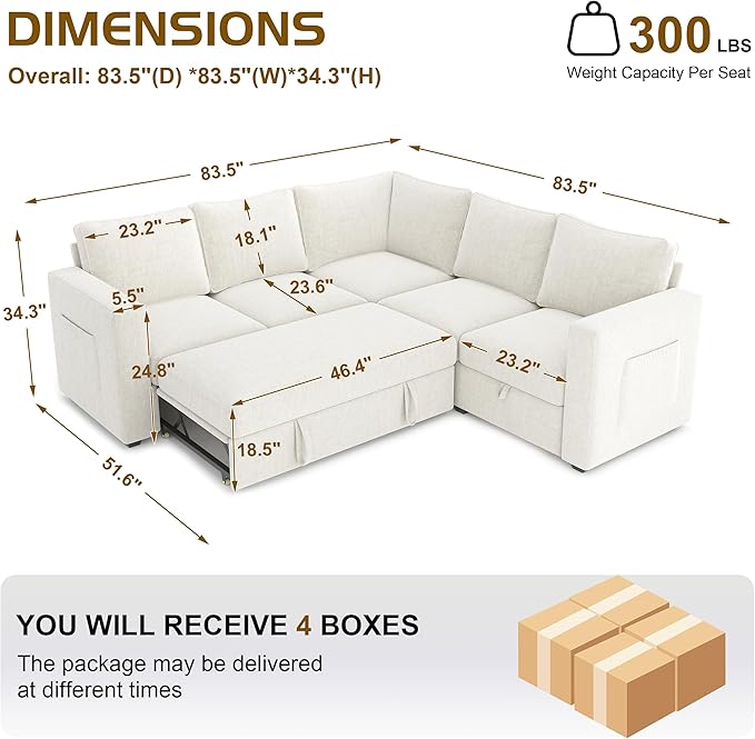 SUAWY 83.5" Sectional Sleeper Sofa with Pull Out Couch, Modern 5 Seat L Shaped Modular Couch, Sectionals Modular Sofa with Storage, Comfy Sectional Couches for Living Room & Apartment, Light Beige