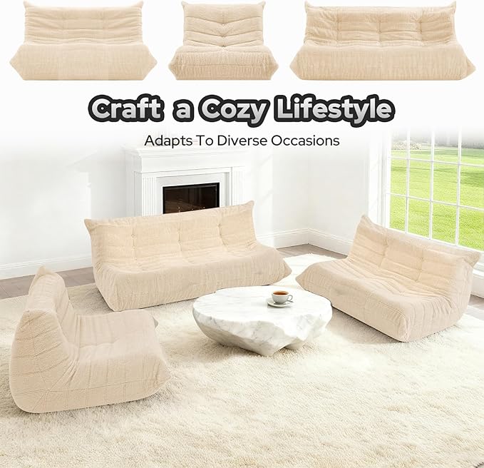 HABUTWAY Bean Bag Chairs Fireside Lazy Floor Sofa, Soft Teddy Fleece 3 Seater Sofa with High-Resilience Foam Filling，Beanbag for Living Room, Bedroom, Office (Khaki Teddy)