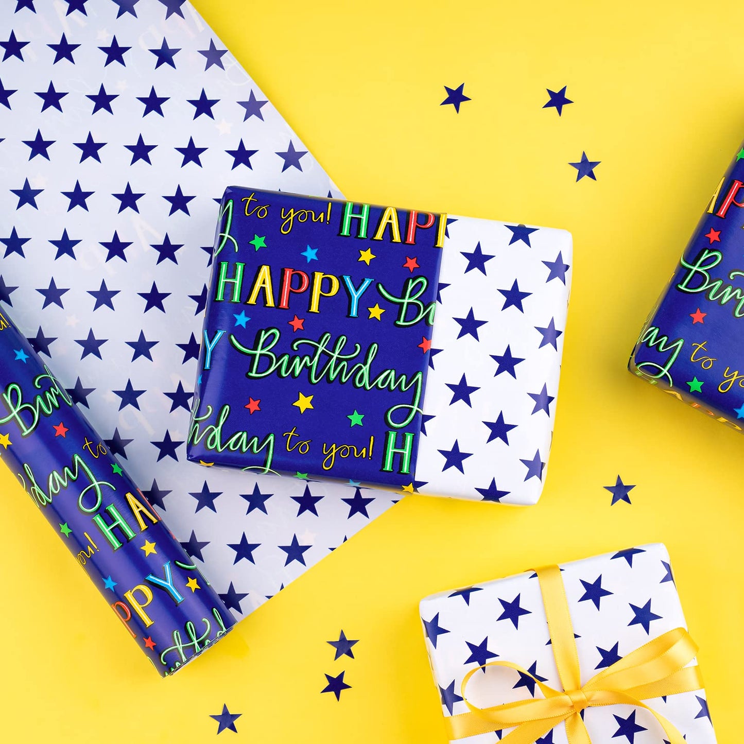 WRAPAHOLIC Jumbo Reversible Birthday Wrapping Paper - 30 Inch x 33 Feet - Colorful Happy Birthday Lettering and Stars Design for Birthday Party, Baby Shower, Holiday