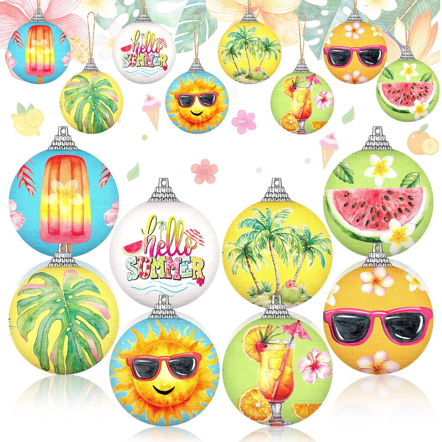 Outus 16 Pcs Summer Tree Ornaments Ball Hawaiian Style Ball Decoration for Tree for Summer Watermelon Tropical Leaf Coconut Palm Farmhouse Home Fireplace Holiday Party Favors Decor