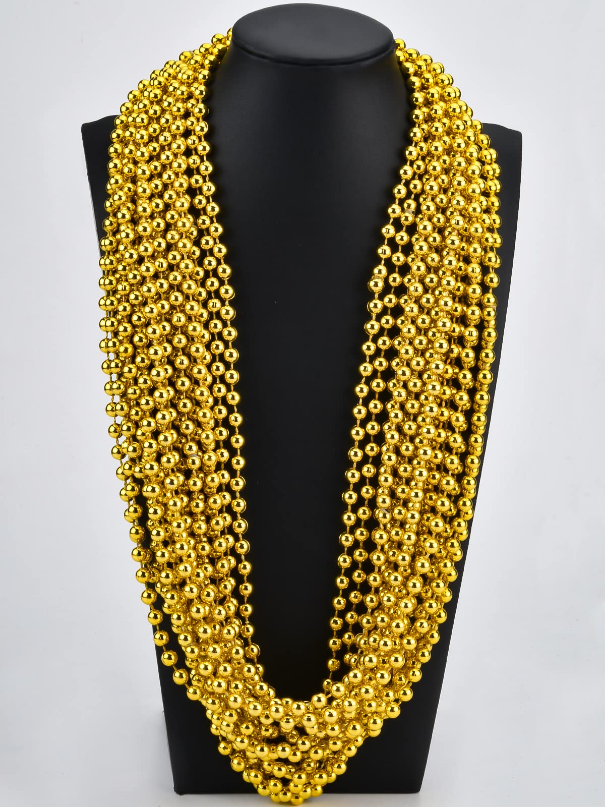 32 PCS 7mm Mardi Gras Bead Gold Faux Pearl Beads Necklaces Bulk Party Favor Plastic Play Pearl for 32 Carnival Necklaces Christm