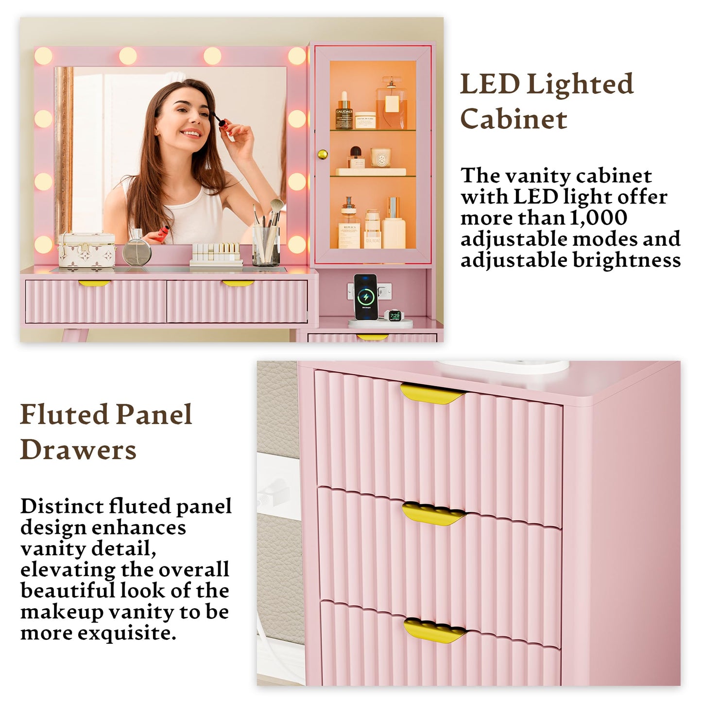 Fluted Vanity Desk with Mirror and Lights, 45" Pink Makeup Vanity Desk with Lights &5 Drawers, Glass Top Makeup Table with Lighted Mirror and RGB Cabinet,Dressing Table with Power Outlet for Bedroom