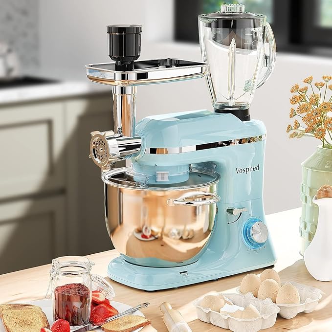 Stand Mixer 9 IN 1, 850W Tilt-Head Multifunctional Electric Mixer with 8 QT Stainless Steel Bowl, 1.5L Glass Jar, Meat Grinder, Hook, Whisk, Beater Dishwasher Safe (Blue)