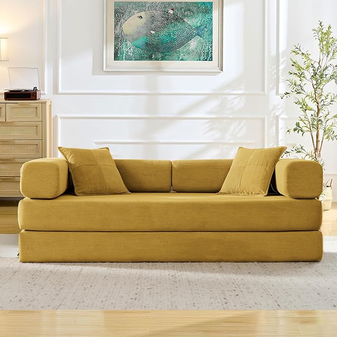Convertible Couch Sofa Bed Foldable Floor Sleeper | Modern Fold Out Deep Seat Couch | Removable Backrest & Armrests | No Assembly Compression Sofa Sleeper for Living Room, Bedroom, Corduroy Yellow