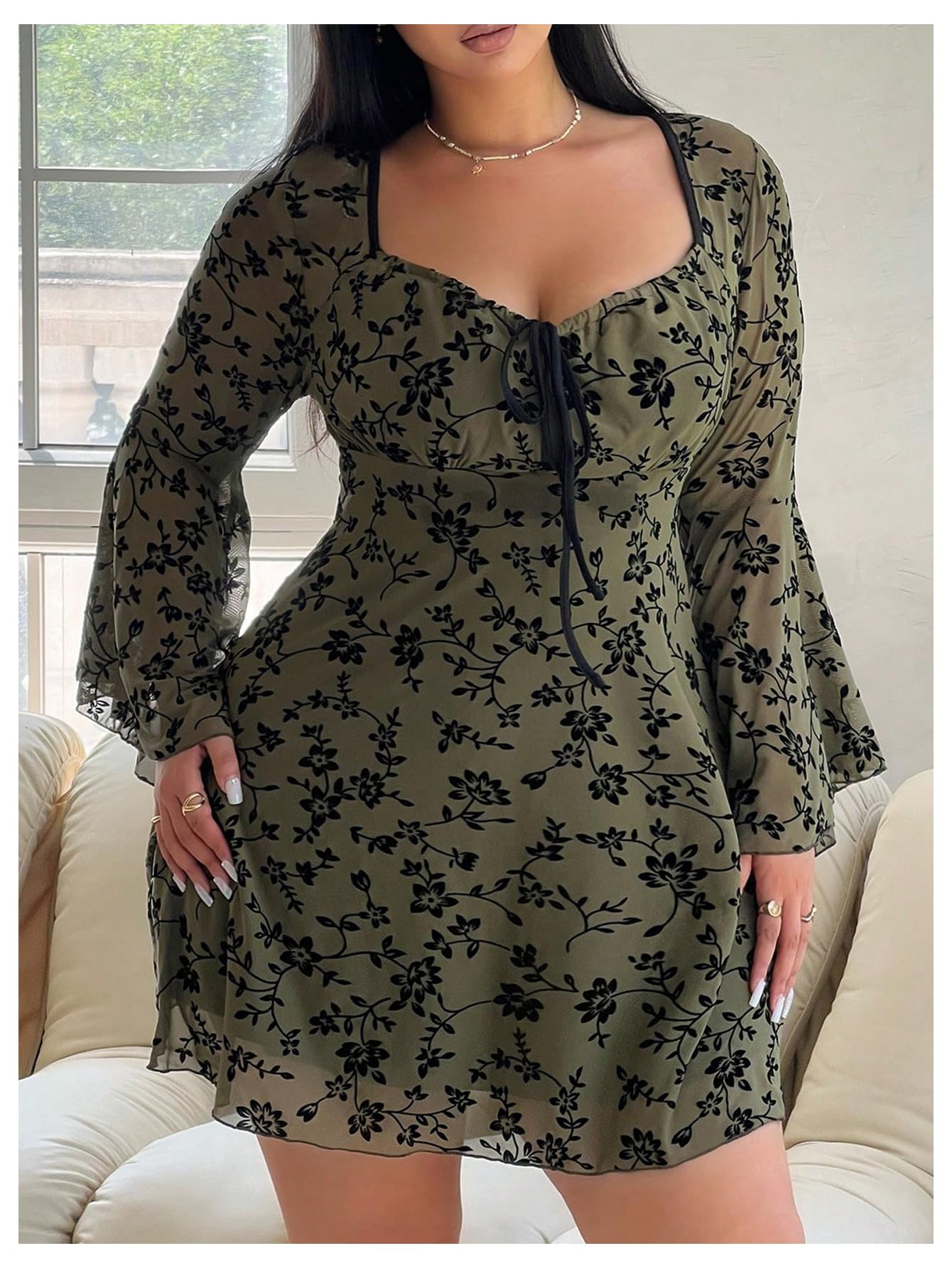 Floerns Women's Plus Size Floral Gothic Dress Flare Long Sleeve Mesh Grunge A Line Dress Army Green Large Plus