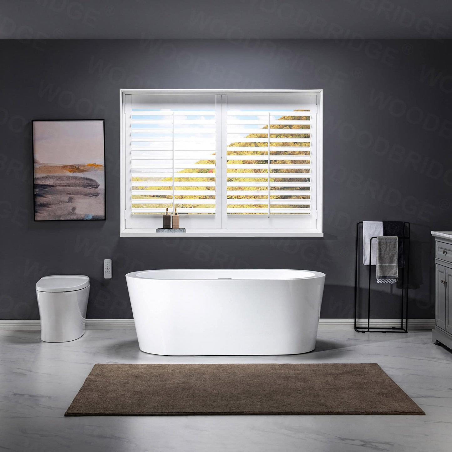 WOODBRIDGE 59" Acrylic Freestanding Bathtub Contemporary Soaking White Tub with Chrome Overflow and Drain, B0012 -C-Drain &O