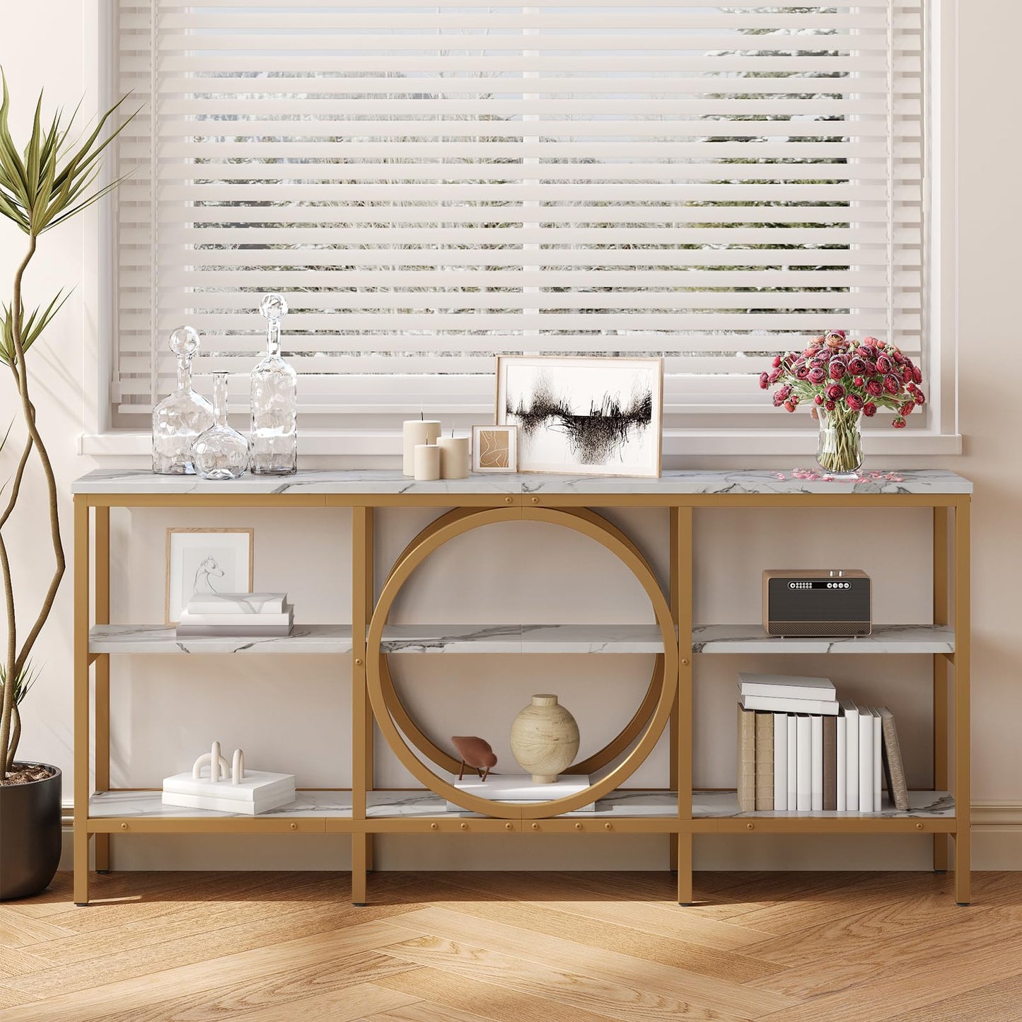 Tarnorci Modern Console Table, 3-Tier Entryway Table with Storage Shelf, 66.9‘’ White Wood Living Room Furniture Bright Decor, Hallway Table for Behind Couch (White+Champagne Gold)