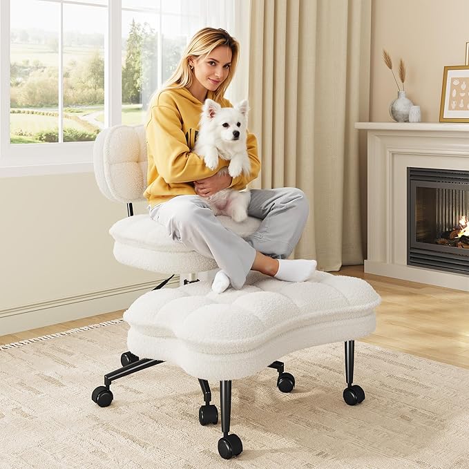 Ergonomic Cross Legged Office Chair, 360° Swivel Meditation Chair with Wheels, Kneeling Desk Chair with Height Adjustable Seat for ADHD,Relaxation, Home Office,Beige