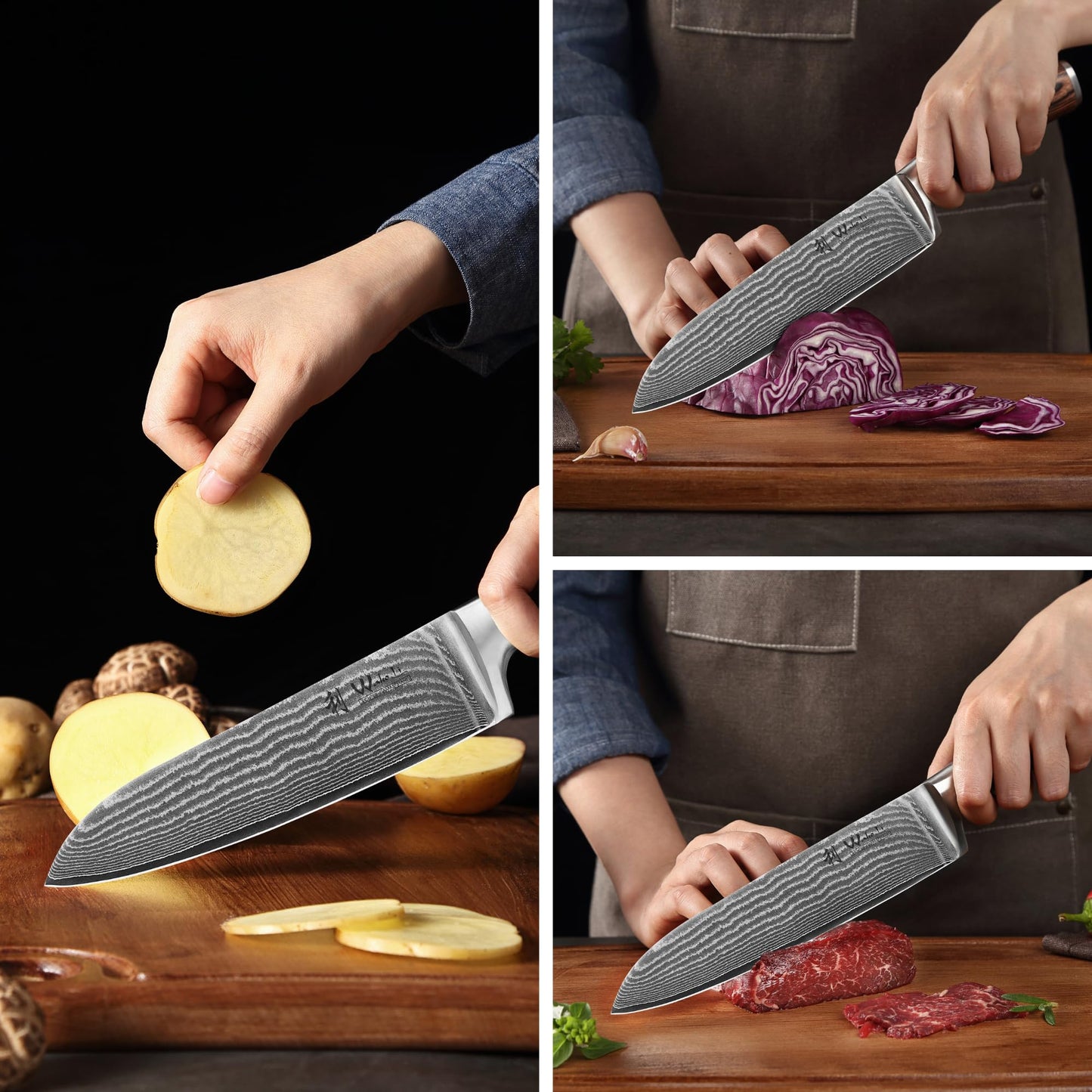 Wakoli Damascus Kitchen Knife Set, 3 Pieces Professional Chef Knife Set made from 67 Layers Damascus Steel with VG10 Core, Knives Set for Kitchen with Pakkawood Handles in Wooden Gift Box (EDIB 3-pcs)