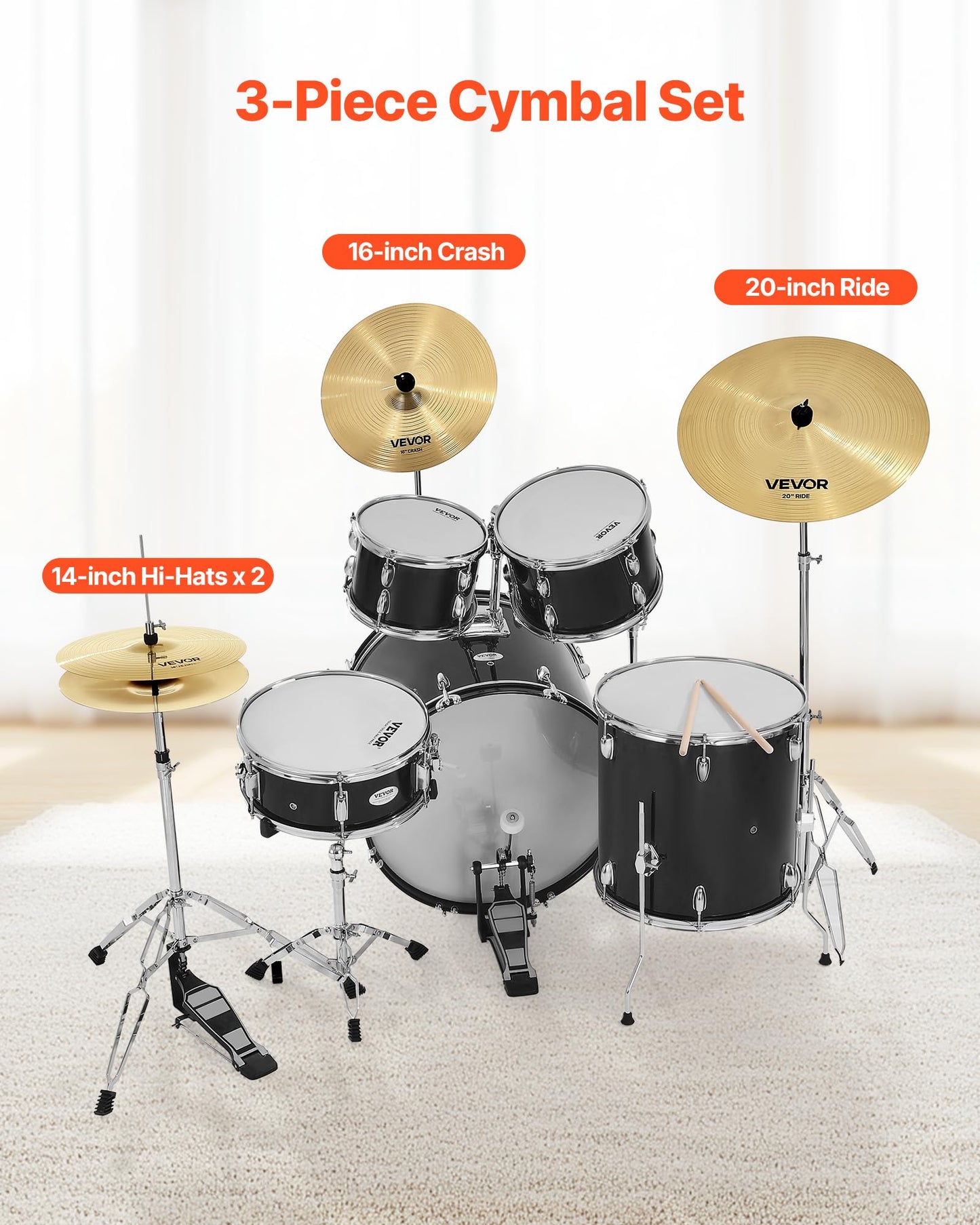 Vevor Cymbal Pack, 3 Pieces Cymbals For Drum Set, Alloy Cymbals Drum Set Includes 14-Inch Hi-Hats, 16-Inch Crash, 20-Inch Ride,