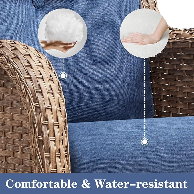 Belord Wicker Outdoor Furniture Patio Furniture Set - 6 Piece Patio Conversation Set with Swivel Rocker Chairs, Rattan Sofa, Ottomans and Coffee Table, Blue Cushion