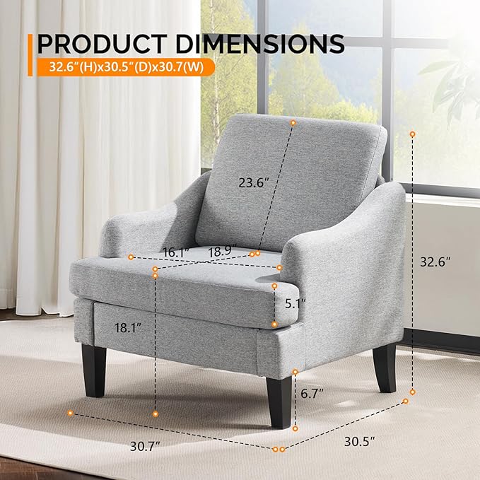 VINGLI Linen Fabric Accent Chair Grey, Modern Upholstered Armchair, Comfy Sofa Chair Living Room Bedroom Furniture for Apartment