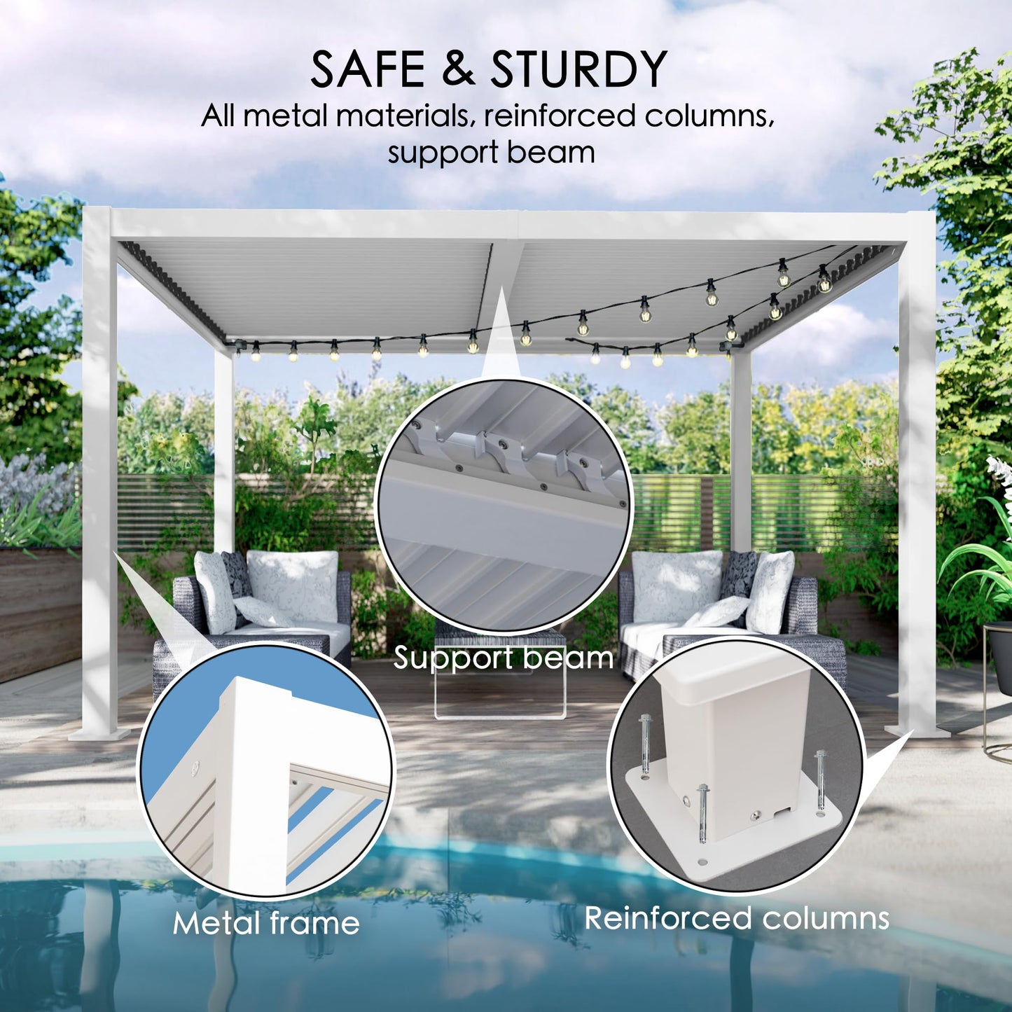 Kozyard Outdoor Louvered Pergola Sun Shade Aluminum Pergola Rainproof Gazebo with Adjustable Roof for Outdoor Deck Patio Garden Yard (White, 10' x 12')