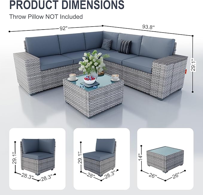 PCSXDSW 6-Piece Outdoor Patio Furniture Set, Rattan Wicker Conversation Set with Wide Armrests, Outdoor Modular Sectional Couch Seating Group Sofa for Deck Garden Porch (Gray Cushions)