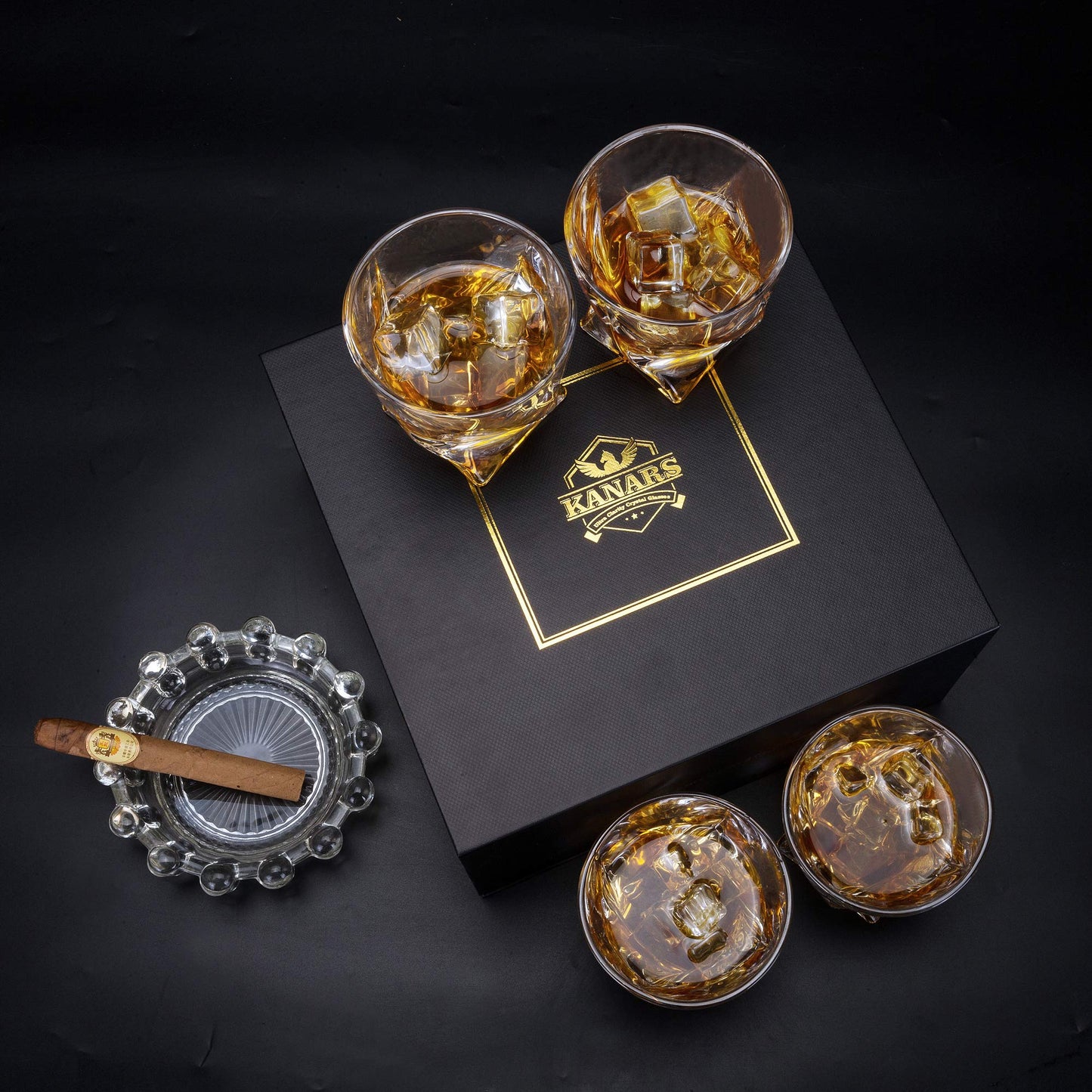 KANARS Whiskey Glasses Set of 4, 10 Oz Crystal Old Fashioned Cocktail Glass in Gift Box, Twisted Lowball Bourbon Tumbler for Scotch Whisky Cognac, Rock Barware for Men Gift