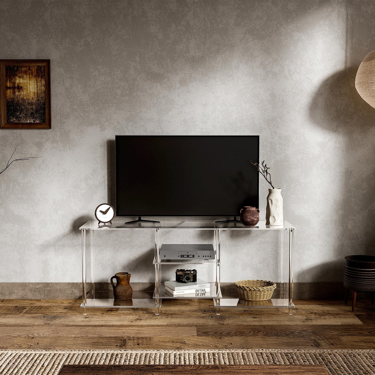 Eglaf Acrylic 55 Inch TV Stand - 3-Tier Entertainment Center - Clear TV Console Table with Open Storage Shelves, for Living Room, Bedroom - 55.1'' L x 15.7'' W x 22.4'' H, (TVs up to 60 Inch)