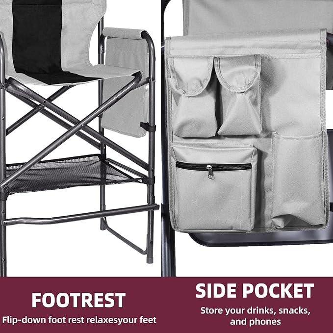 Tisetrail Tall Directors Chair 30" Seat Height, Bar Height Folding Chair with Side Table, Foldable Camping Chair with Side Pocket for Makeup Artist, Sports Event, Supports 400LBS - Black/Gray