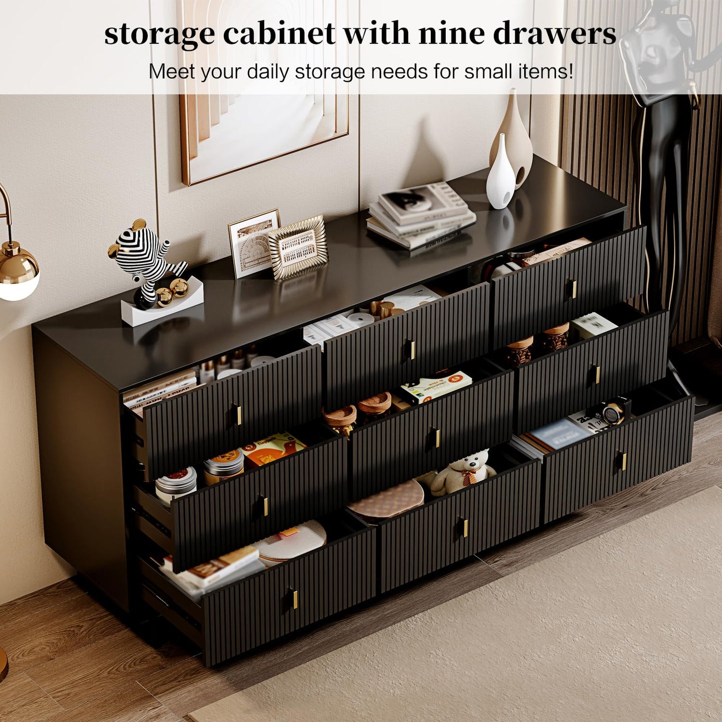 Chrangmay Modern Chest of Drawers with 9 Drawers,Deep Drawers,Clothes Organizer,Large Storage Cabinet for Living Room, Bedroom,Hallway,with Anti-Tipping Device,Matte Black
