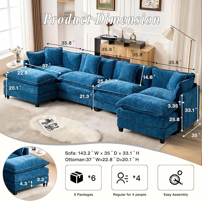 SoarFlash 149.61" Chenille Sectional Sofa, Comfy U Shaped Modular Coush Sofa with Ottoman, Modern 4 Seat Couch Deep Seat Sofa Set for Living Room,Blue