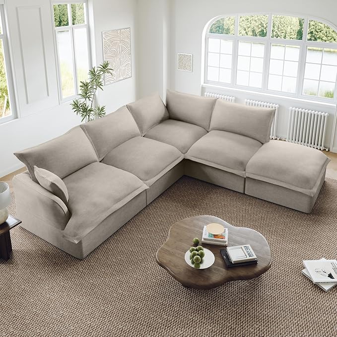 Lopzeho Oversized Cloud Modular Sectional Sofa, Comfy Down Filled Cloud Couch with Removable Cover, L Shaped 4 Seat Couch with Ottoman, Deep Seat Sectional Couches for Living Room, Light Gray