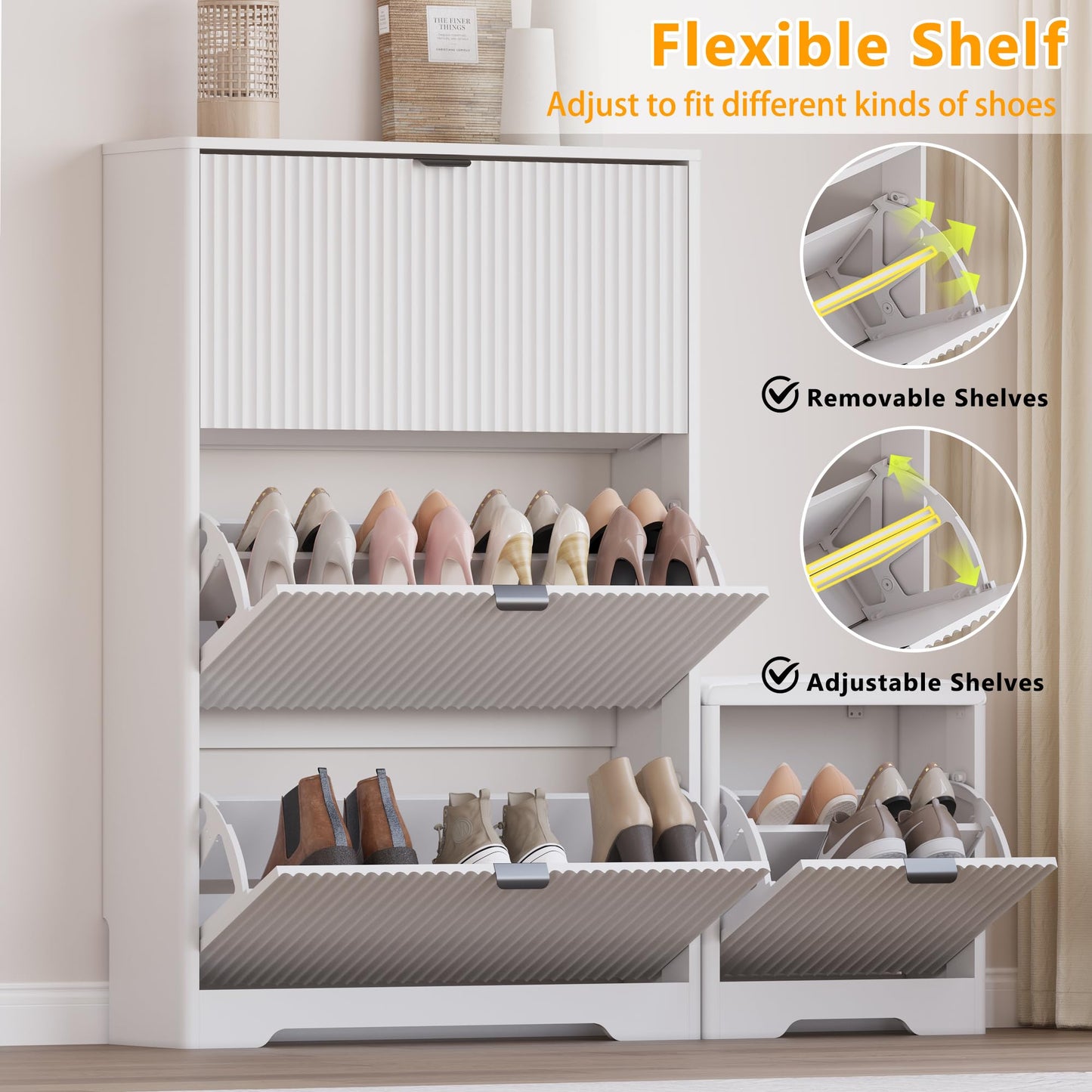 BORNOON Slim Shoe Cabinet with Bench for Entryway, Hidden Storage and Adjustable Shelves, Free Standing Wooden Shoes Organizer for Foyer, Hallway
