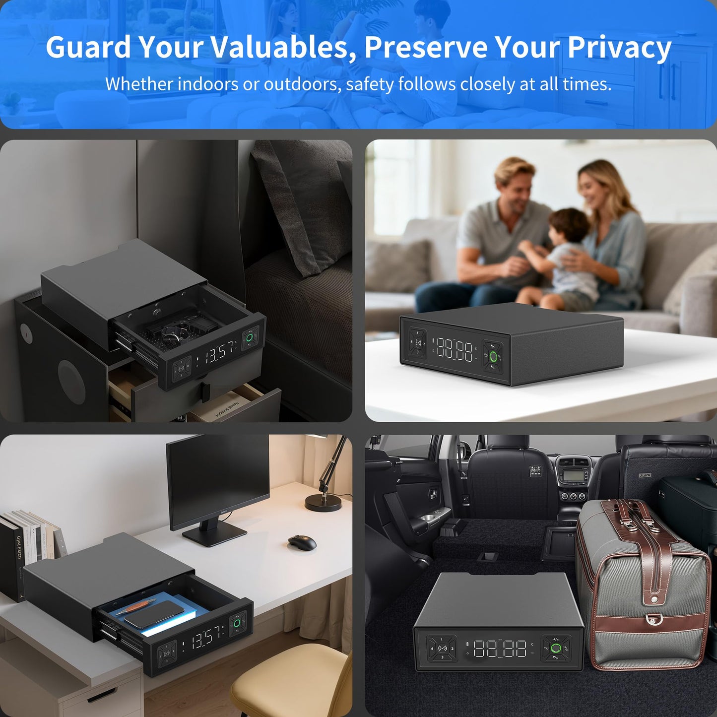 Medunor Smart Safety Box, Biometric Gun Safe for Handguns, Portable Security Safe with Fingerprint Lock, RFID Card, Keys, Anti-Theft Steel Cable, for Home & Travel, USB Charging, 2.4L Capacity