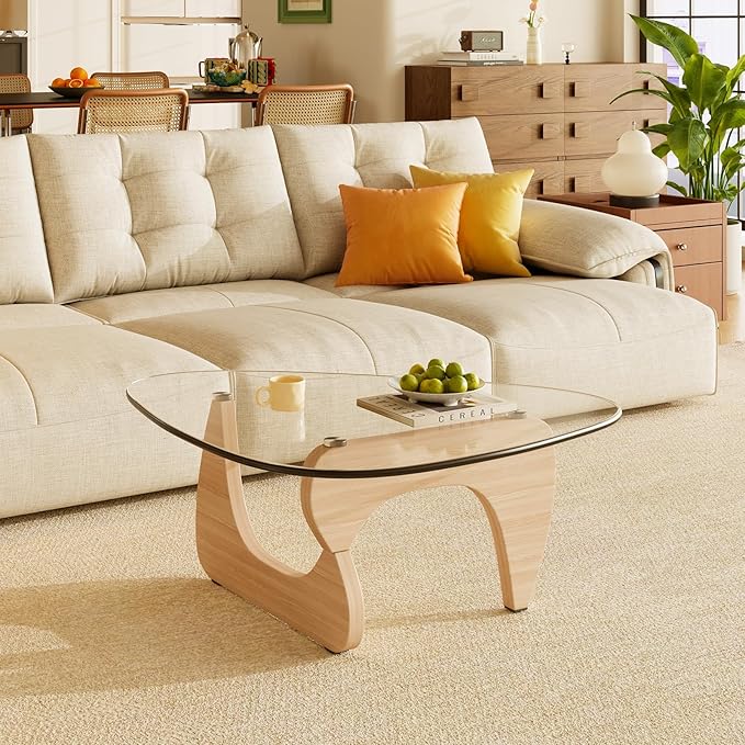 LUCKIIA Coffee Tables Glass Small Farmhouse Coffee Table Mid-Century Modern Wood Center Table for Living Room, Original Transparent, 45 Inch