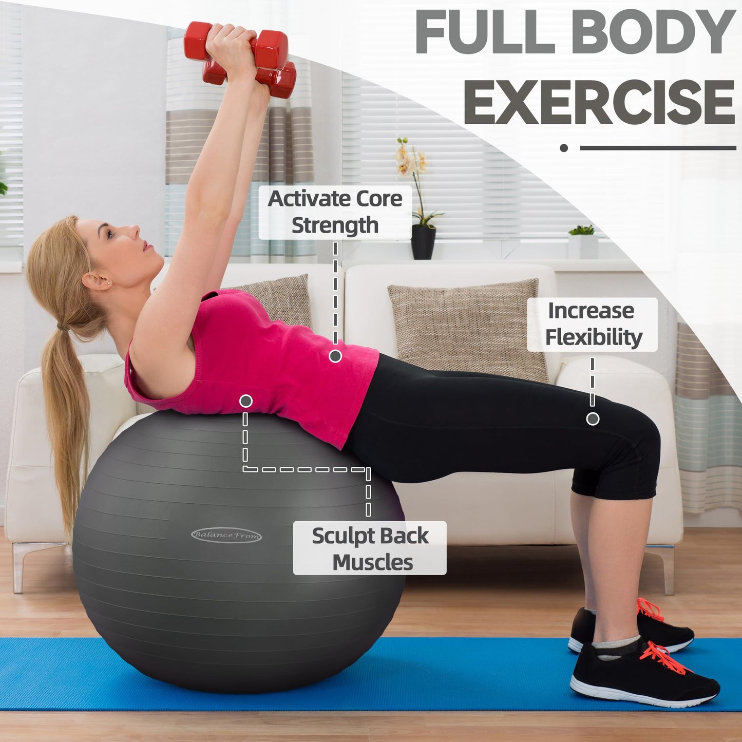 Fitvids Anti-Burst Slip Resistant Exercise Ball with Quick Pump, 2,000-Pound Capacity, 19-22 inch, M