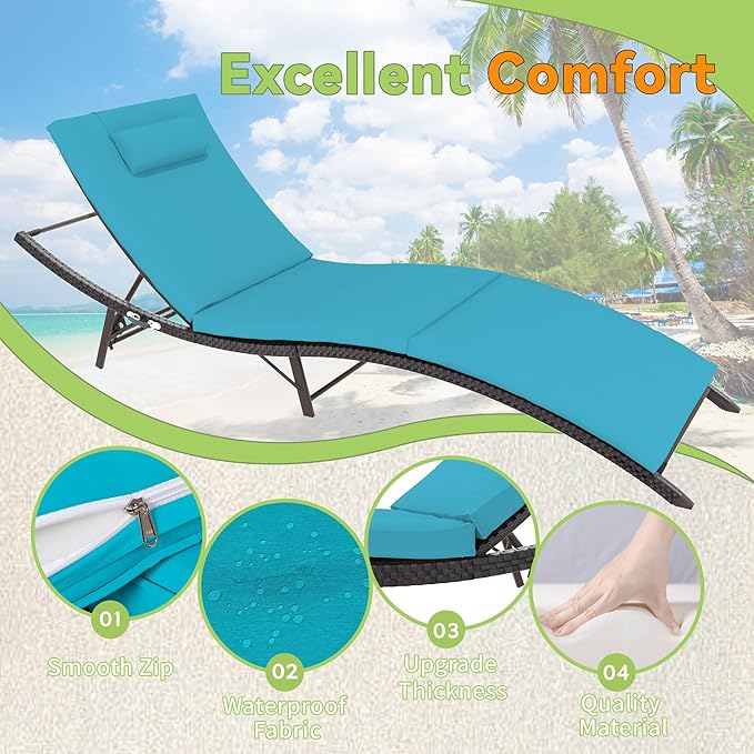 Trumbeak Patio Chaise Lounge Set 3 Pieces Pool Lounge Chairs,Cushioned Outdoor Folding Lounge Chair w/Rattan Adjustable Backrest for Poolside Porch,Folding Table Included,Turquoise Blue