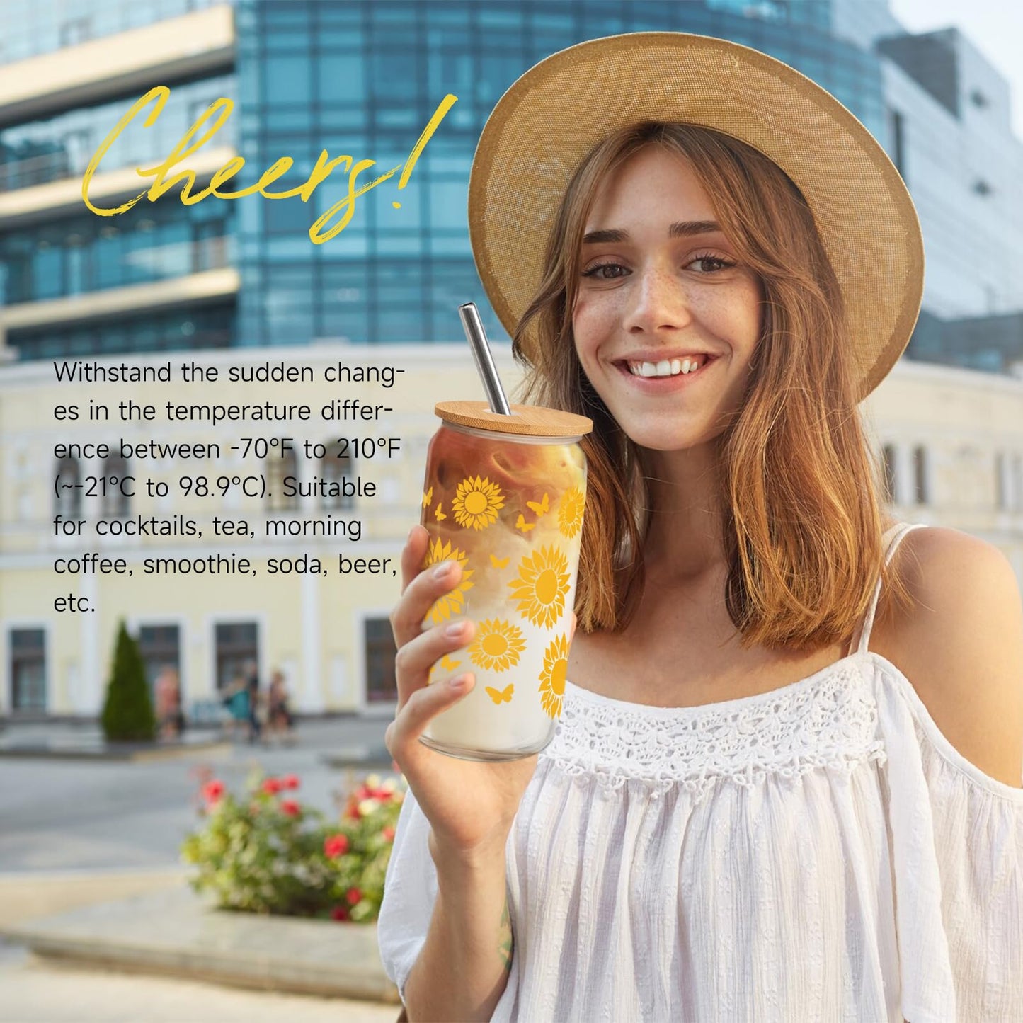iAOVUEBY Birthday Gifts for Women, Her, Teen Girl Gifts, Happy Birthday Gift Box for Girl, Women, Sister, Daughter, Friend, Friendship, Cute Sunflower Sunshine Glass Cup Gift Set 7PCS, 16oz, Yellow