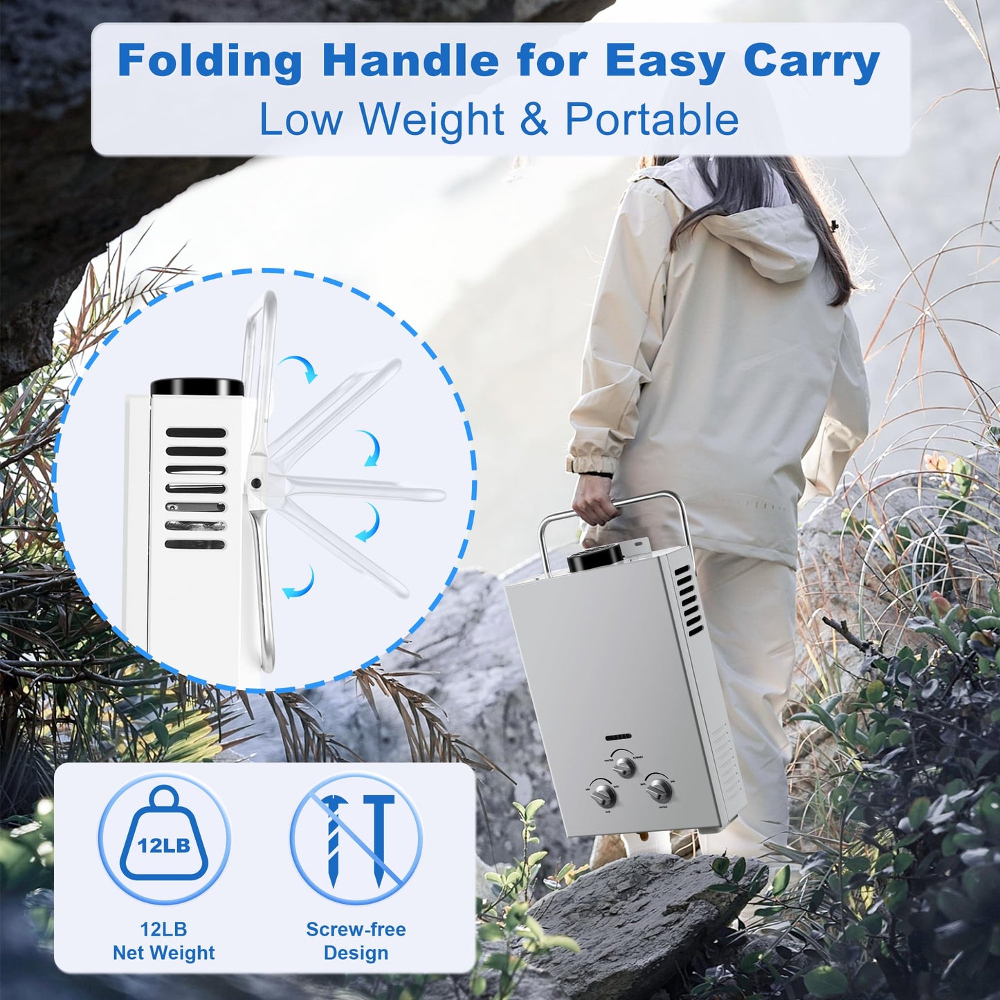 Outdoor Propane Tankless Water Heater - 6L 1.58 GPM Portable Gas Water Heater with Handle & Overheating Protection, Instant Hot Water for RV Cabin Camping Boat Barn