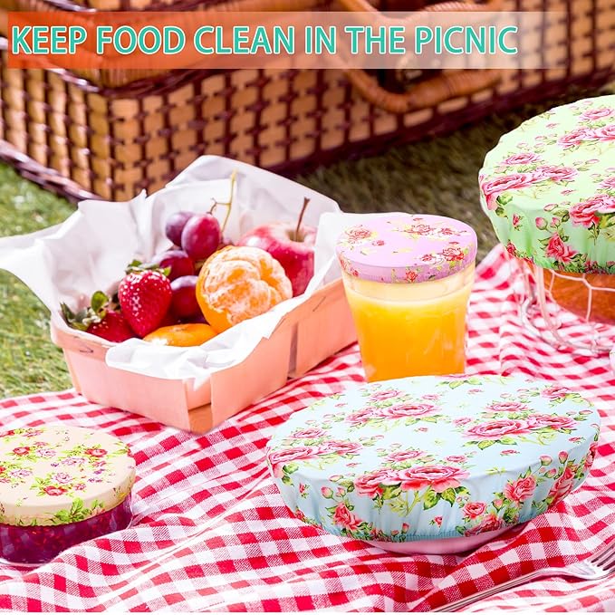 Patelai 10 Pcs Bowl Covers Reusable in 5 Size Stretch Cloth Fabric Elastic Food Storage Bowl Covers Bread Sourdough Lids for Proofing Food Fruits Leftover(Red, Pink, Green,Floral Style)