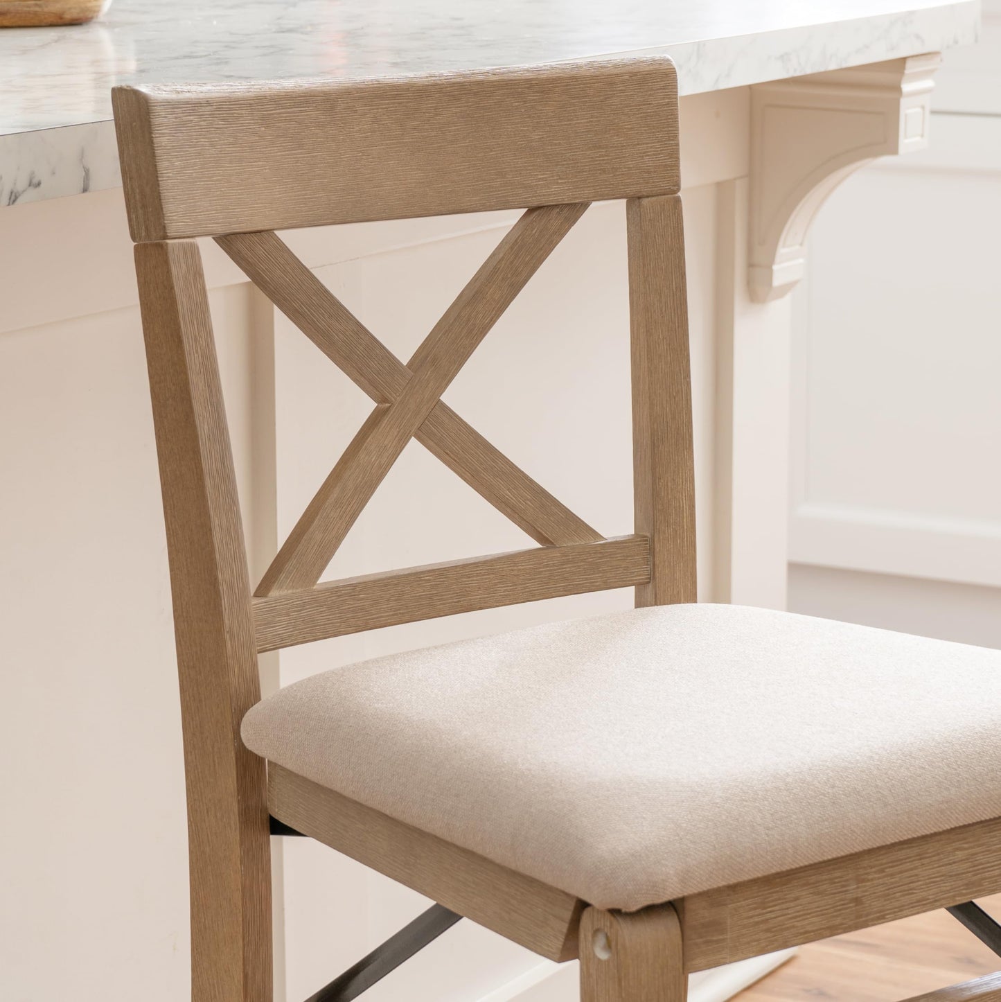 Linon Triena X Back Neutral Greywash Wooden Fully Assembled Folding 24 Inch Seat Height Counter Stool with Beige Upholstered Seat