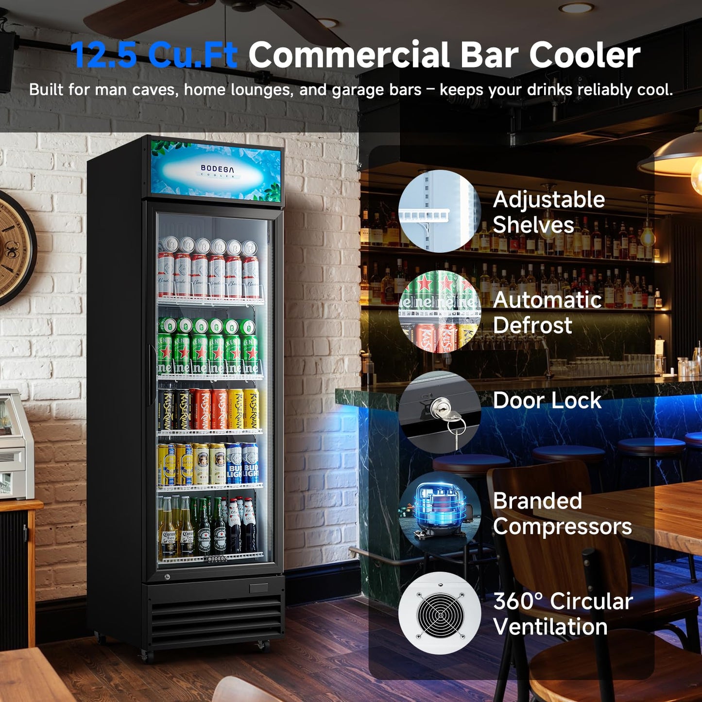 BODEGACOOLER Commercial Beverage Refrigerator and Cooler, 12.5 Cu.Ft. Commercial Merchandiser Refrigerator with Soft LED Light, Adjustable Shelves, Display Fridge For Kitchen,Office,Outdoor,Bar,Garage