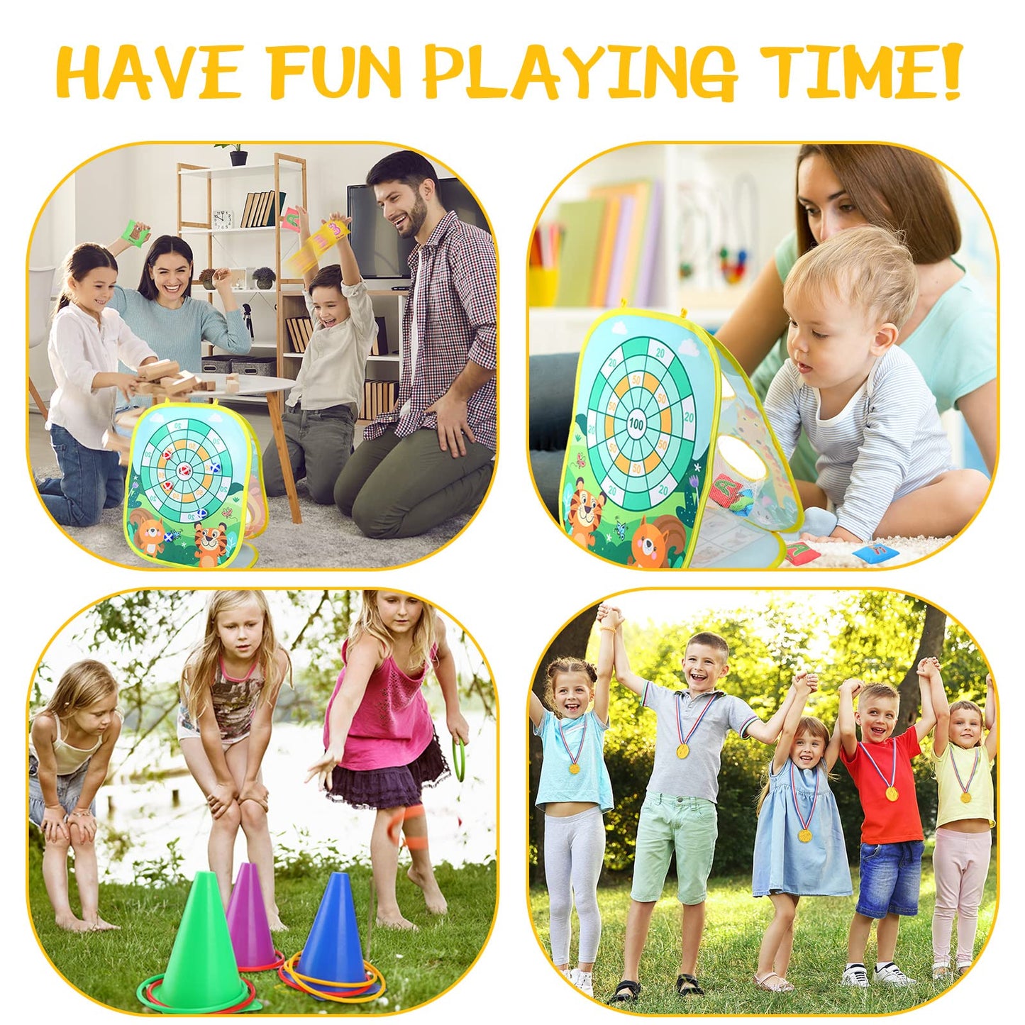 Yunsailing 63 Pcs Carnival Outdoor Games Set for Kids Include Animal Bean Bag Toss Plastic Cones Bean Bags Ring Toss Egg and Spoon Race, Field Yard Lawn Outdoor Game, Gift for Birthday Party