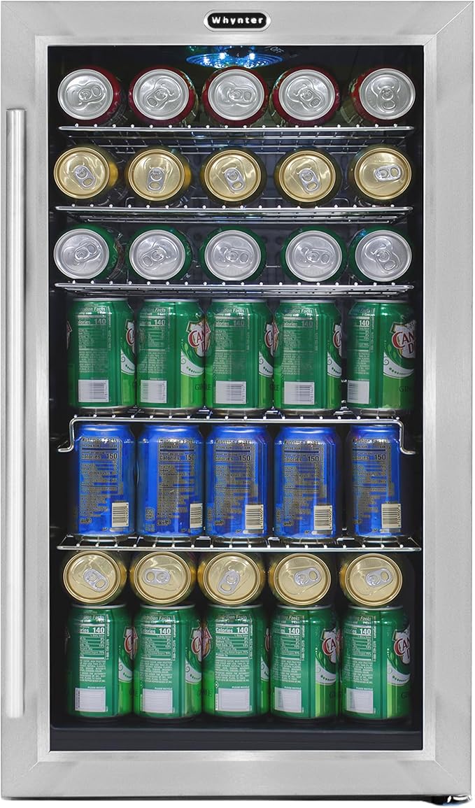 Whynter Beverage Refrigerator with Double-Layer Glass Door, 127-Can 3.1 Cu Ft Freestanding Drink Mini Fridge, BR-130SB, St...