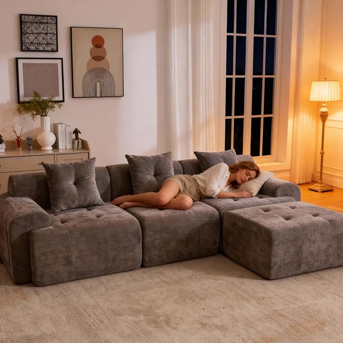 YAAREE 101.65” Modular Sectional Couch for Living Room, Modren L-Shape Cloud Sectional 3-Seater Sofa with Movable Ottoman, Woven Texture Upholstery Boneless Couch, No Assembly Grey