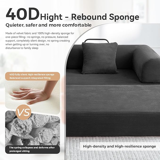 ZQRhome 79" 5-in-1 Convertible Sofa Bed, King Size Sleeper with Bonus Pillows & Heavy Duty Frame, No Assembly Corduroy Couch Bed for Movie Night & Guest Room, Black