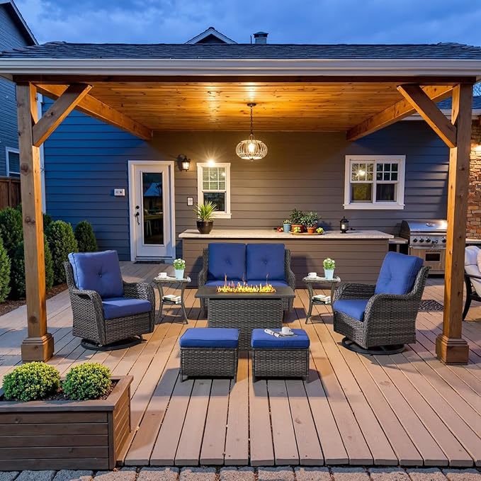 Belord 8 Piece Outdoor Patio Furniture Set - 41" CSA Propane Fire Pit Table Patio Conversation Set with Swivel Rocker Outdoor Chairs, Wicker loveseat and Ottoman for Outside Casual Gathering