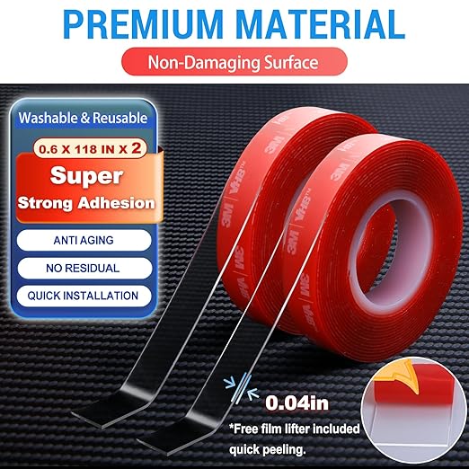 2 Rolls Heavy Duty Clear Double Sided Tape, Made of 3M VHB, Wall-Safe Removable & No Residue, 10FT x 0.6IN, for Home Decoration/Car Use/DIY/Hanging Pictures/Securing Carpets & Cables