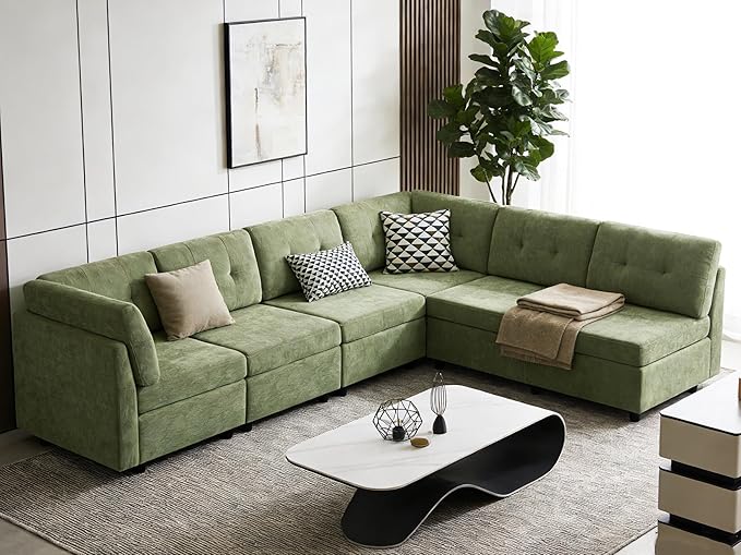 VANOMi 6 Seater Cloud Couches for Living Room, 118" Convertible Modular Cloud Sofas & Couches, Comfy Chenille Sectional Couch Sofa for Apartment, Office, Olive Green, L/U Shaped