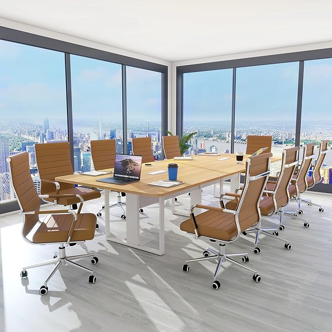 BOWTHY Home Office Chair Ribbed, Modern Leather Conference Waiting Room Chairs,Ergonomic Office Desk Chair, High Back Executive Computer Chair, Adjustable Swivel Chair with Arms (Brown)