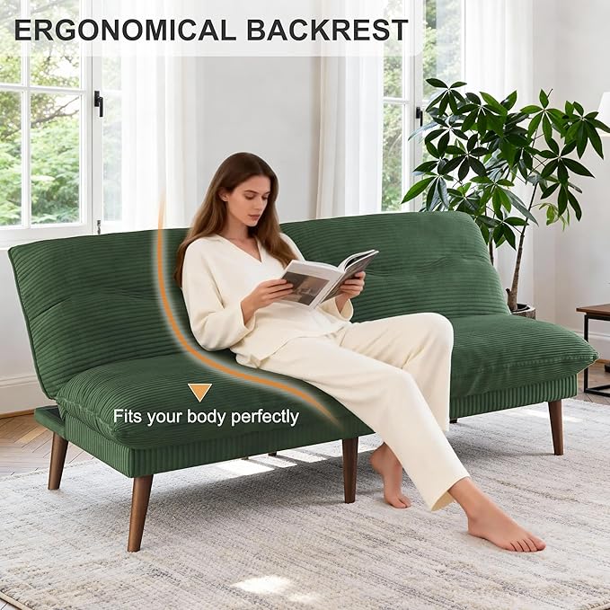 DreamDashio Futon Sofa Bed, 4 in 1 Multi-Functional Futon Couch with Adjustable Backrest, 75 inch Convertible Sleeper Sofa Bed and Recliner Lounge, Corduroy Loveseat for Living Room, Apartment, Green