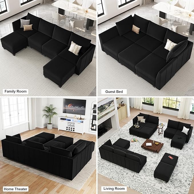 Belffin Modular Sectional Sofa U Shaped Couch with Storage Ottoman Velvet Sectional Couch for Living Room, Black